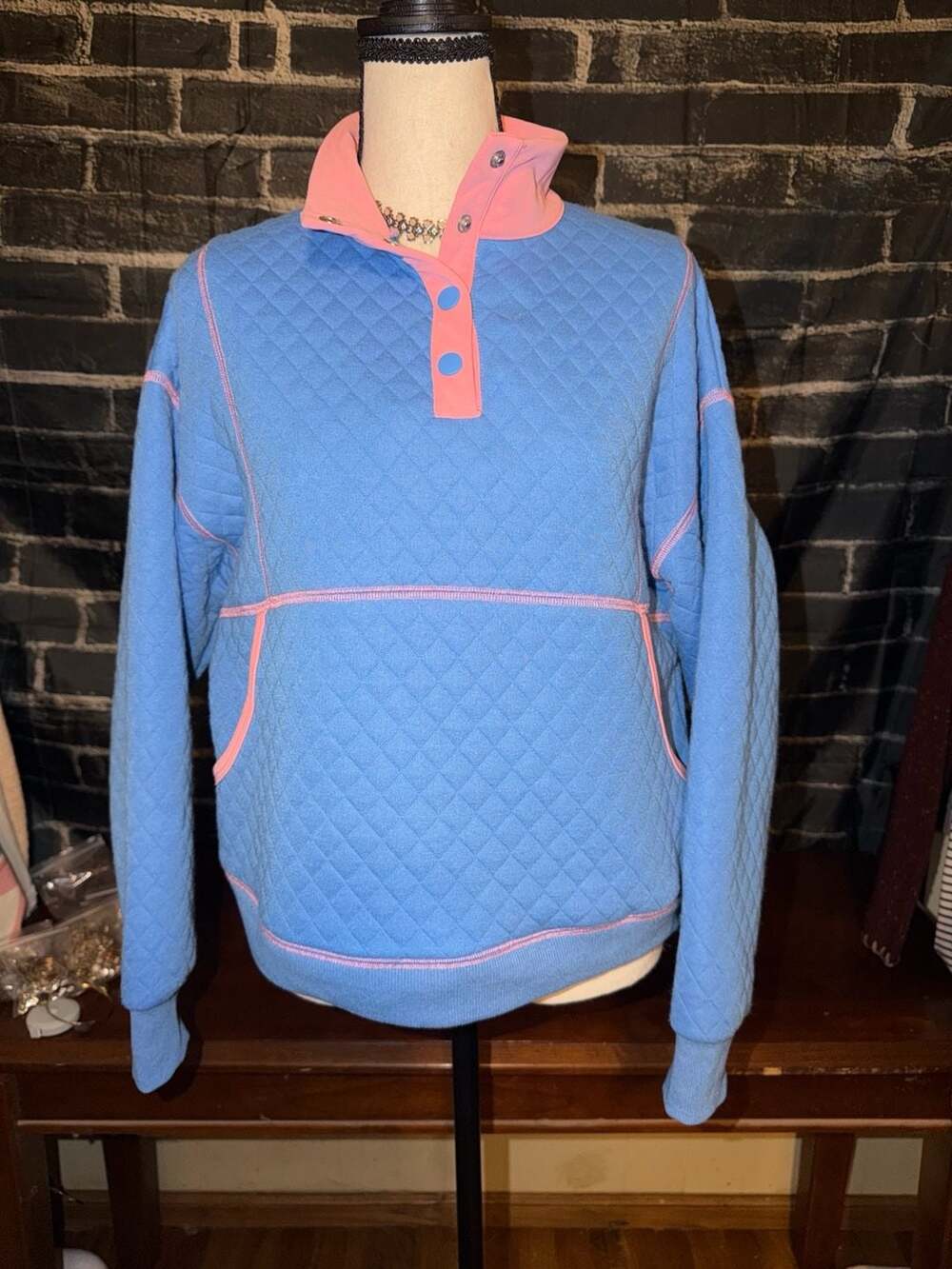 Peach Love California Women's Quilted Snap-Up Pullover Sweatshirt Blue/Pink